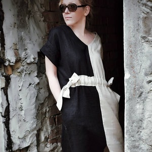 White & Black Linen dress, Reversible Kimono sleeves Loose tunic top, Midi Summer Cocktail dress with pockets, Plus size organic clothing image 4