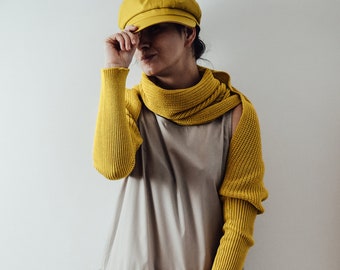 Yellow Merino Wool Scarf Transformer, Long scarf with sleeves, merino wool shrug, wool bolero