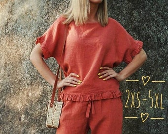 Linen top, Pink linen blouse, Loose Fit Kimono Linen Top, Blouse with ruffle sleeves, Romantic blouse large, Oversize linen top, Linen roses