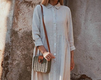 Smock linen dress / Linen dress / Long Linen Dress / Maxi linen dress with pockets / Smock dress