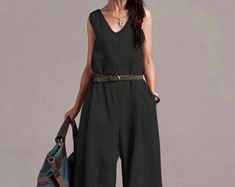 Black linen wide legged jumpsuit with pockets