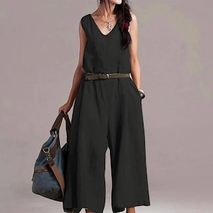 Black linen wide legged jumpsuit with pockets black