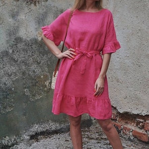 Robe en lin, Robe demoiselle dhonneur, Robe dinvité de mariage, Robe de soirée. Robe dété, Robe de mariée Boho, Robe modeste, linge de maison grande taille, Robe boho cyclamen pink