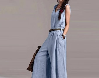 Linen Jumpsuit / Palazzo jumpsuit / Loose Linen Overalls / Linen Romper With Belt / Blue linen jumpsuit / Wide leg jumpsuit