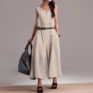 Black linen wide legged jumpsuit with pockets oatmeal neutral