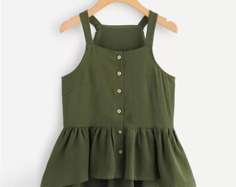 Womens linen tank top with ruffles, Linen top, Linen crop top with ruffles, green linen top