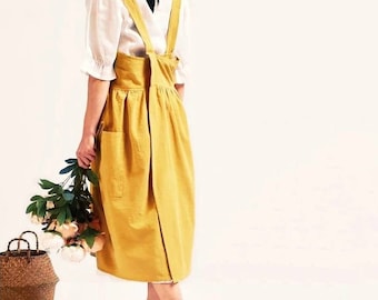 Linen Apron Dress Casual Apron Garden Work Pinafore Dress Loose Pockets Mid-Calf Dress Smock Apron Dress  Japanese Apron