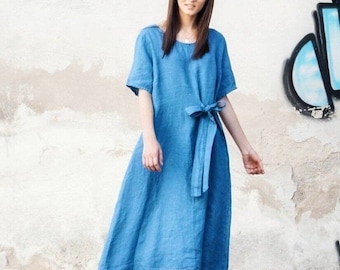 Blue linen dress large, midi dress with pockets