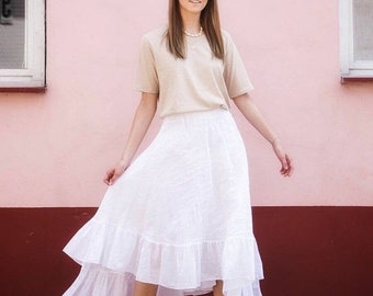 White Linen Skirt With Pockets, A-line Pleated Skirt, Elastic Waist Skirt, Flared Midi Skirt Plus Size Skirts Boho Linen Summer Ruffle Skirt