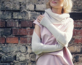 Off White Extra Long Scarf with Sleeves, Scarf Transformer, Knitted Scarf, Oversize Knit Scarf, Merino Wool Wrap