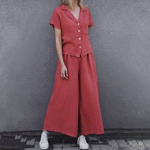 Retro Wide leg linen pants, Rustic Pink Pleated pants, Linen trousers Woman High waisted 80s pants, Comfortable Womens culottes with pockets raspberry pink
