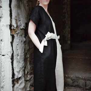 White & Black Linen dress, Reversible Kimono sleeves Loose tunic top, Midi Summer Cocktail dress with pockets, Plus size organic clothing image 6