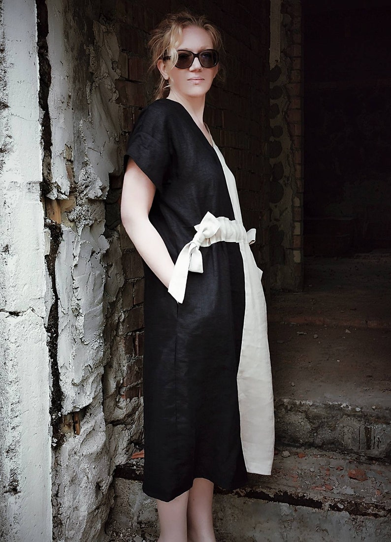 White & Black Linen dress, Reversible Kimono sleeves Loose tunic top, Midi Summer Cocktail dress with pockets, Plus size organic clothing image 6