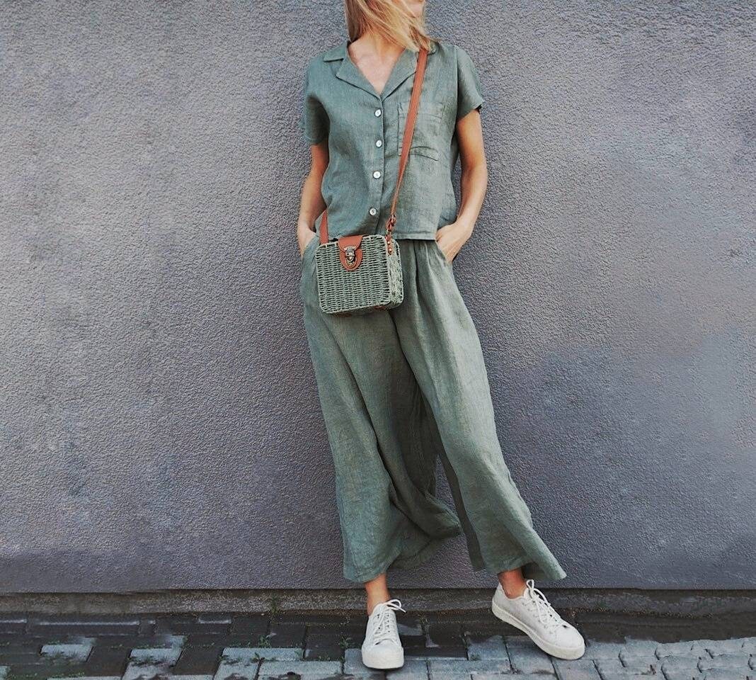 Sage Green Womens Linen Suit Wide Leg 
