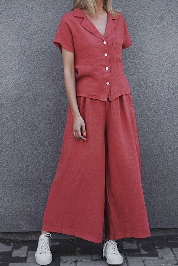 Lagenlook clothing Wide leg linen pants Linen trousers Elastic waist Bohemian pants for women Sage green Plus size Culottes with pockets