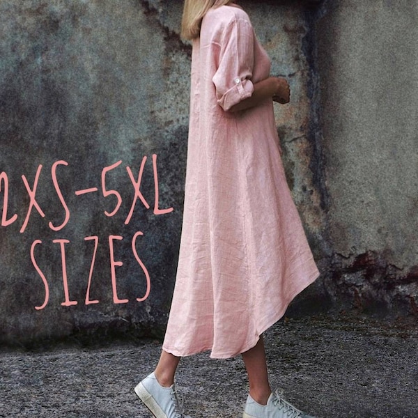 Linen shirt dress, plus size linen shirt dress, linen tunic, beach cover up Long pink Linen shirt for women, Plus size linen, kaftan dress