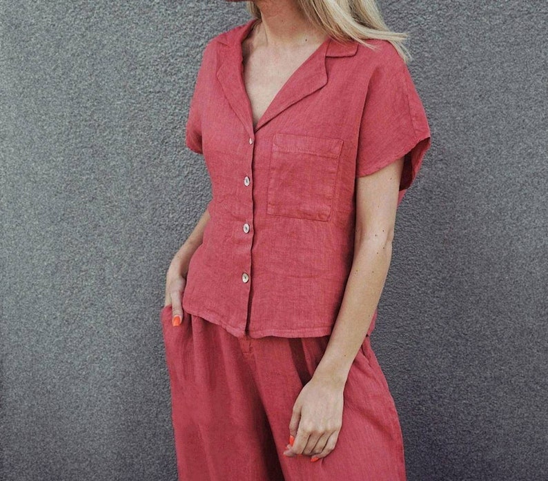 Pink Womens linen suit, Palazzo linen pants & Button up Shirt women set, Plus size linen wide leg pants with pockets, Summer clothes raspberry pink