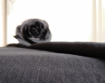 BLACK Linen fabric by the yard, Elegant Stonewashed linen fabric, Black Softened linen for Gothic bedding or clothes