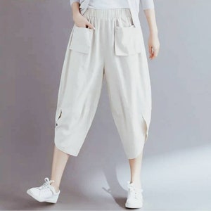 Cropped linen carrot pants with elastic waist image 4