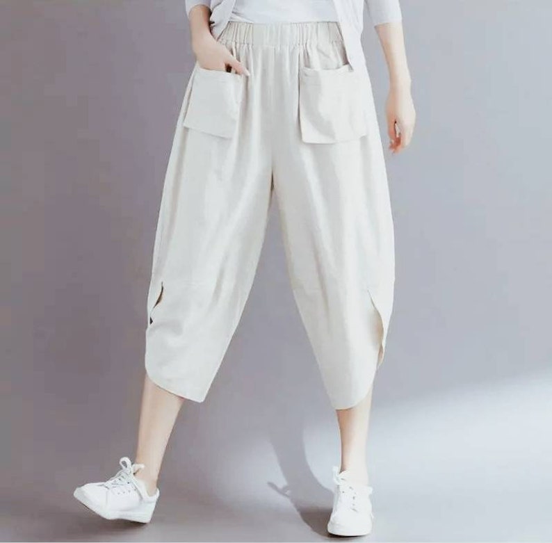 Cropped linen carrot pants with elastic waist image 4