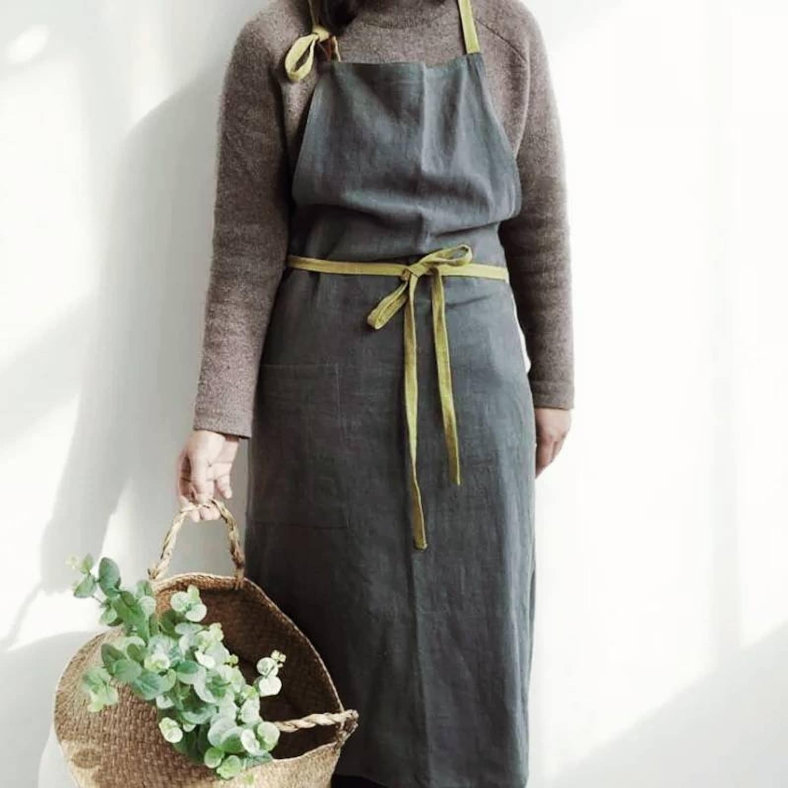 Green Linen Apron With Pockets Etsy