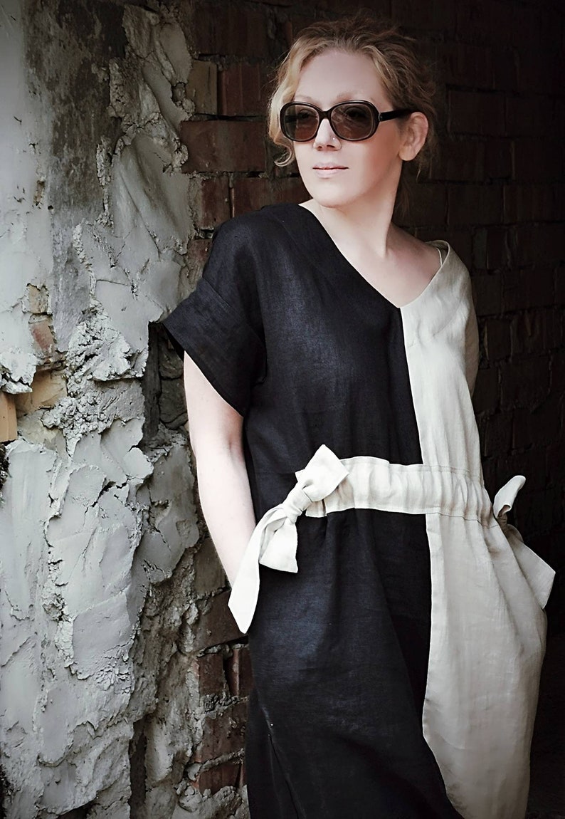 White & Black Linen dress, Reversible Kimono sleeves Loose tunic top, Midi Summer Cocktail dress with pockets, Plus size organic clothing image 5