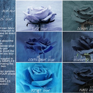 May include: A collage of six fabric swatches in various shades of blue, each with a rose made from the fabric. The swatches are labeled with the color names: slate blue, ocean blue, cornflower blue, blueberry blue, azure blue, and navy blue.