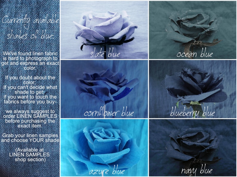 May include: A collage of six fabric swatches in various shades of blue, each with a rose made from the fabric. The swatches are labeled with the color names: slate blue, ocean blue, cornflower blue, blueberry blue, azure blue, and navy blue.