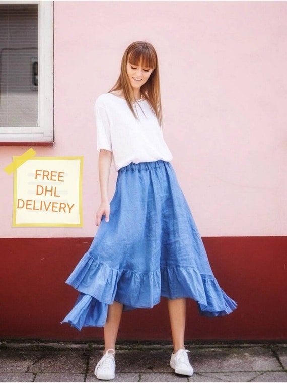 Linen Blue Skirt A-line Pleated Elastic Flared - Etsy