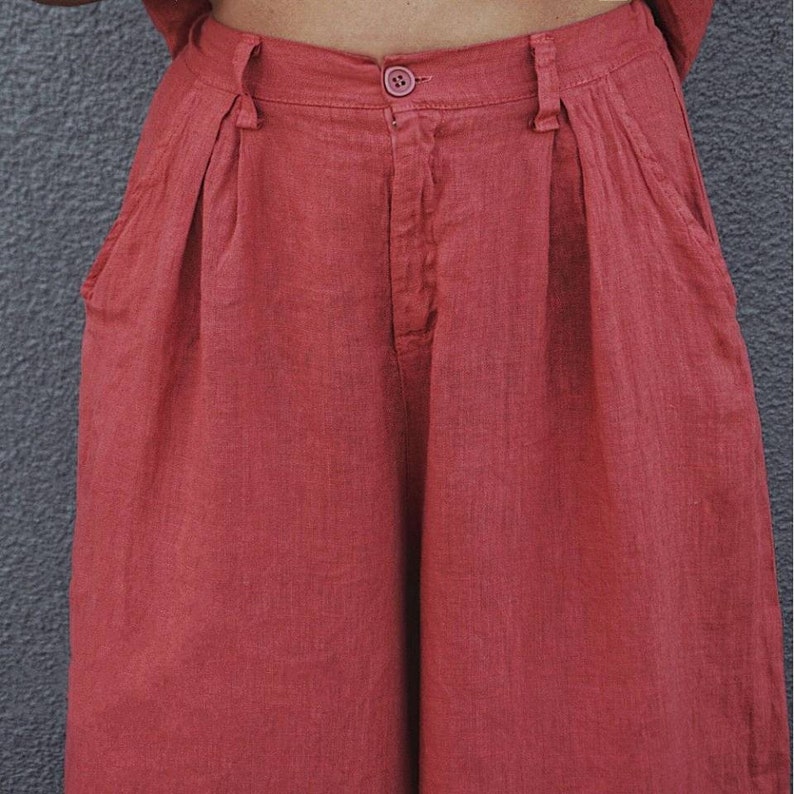 Retro Wide leg linen pants, Rustic Pink Pleated pants, Linen trousers Woman High waisted 80s pants, Comfortable Womens culottes with pockets image 4