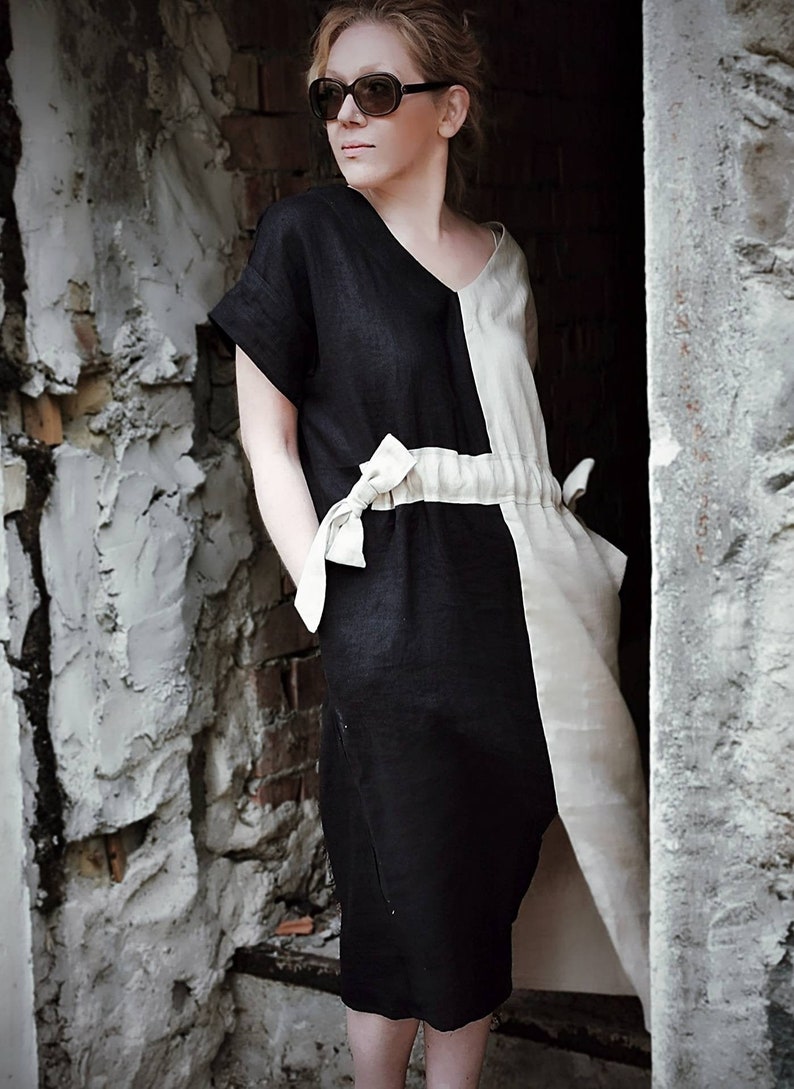 White & Black Linen dress, Reversible Kimono sleeves Loose tunic top, Midi Summer Cocktail dress with pockets, Plus size organic clothing image 4