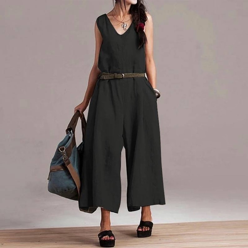 Black linen wide legged jumpsuit with pockets black