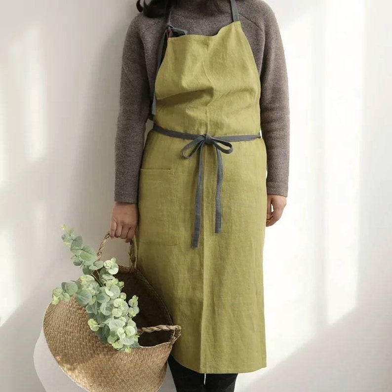 Green Linen Apron With Pockets Etsy