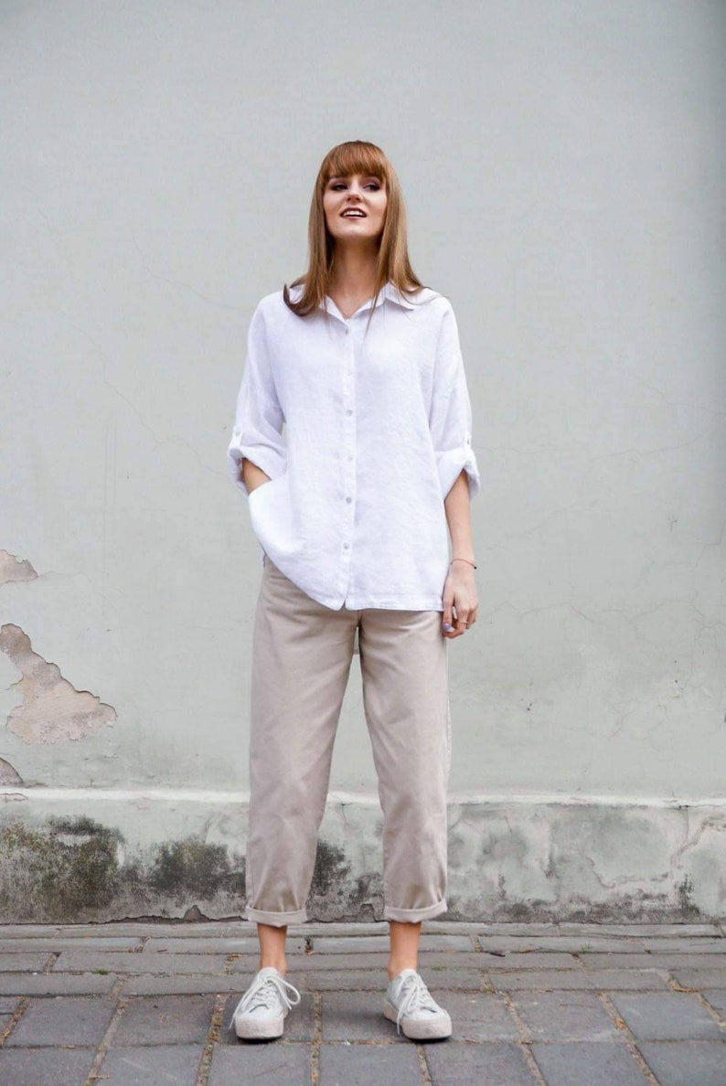 Plus size clothing Button up shirt, Long sleeve button down linen shirt, Summer blouse for women white