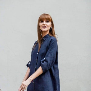 Linen shirt woman, Button up shirt Plus size linen navy blue