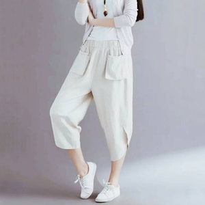 Cropped linen carrot pants with elastic waist Milky white
