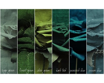 May include: A close-up of six fabric swatches in different shades of green and blue. The swatches are arranged in a row from left to right, with the following labels: sage green, forest green, olive green, dark teal, peacock blue, and ocean blue.