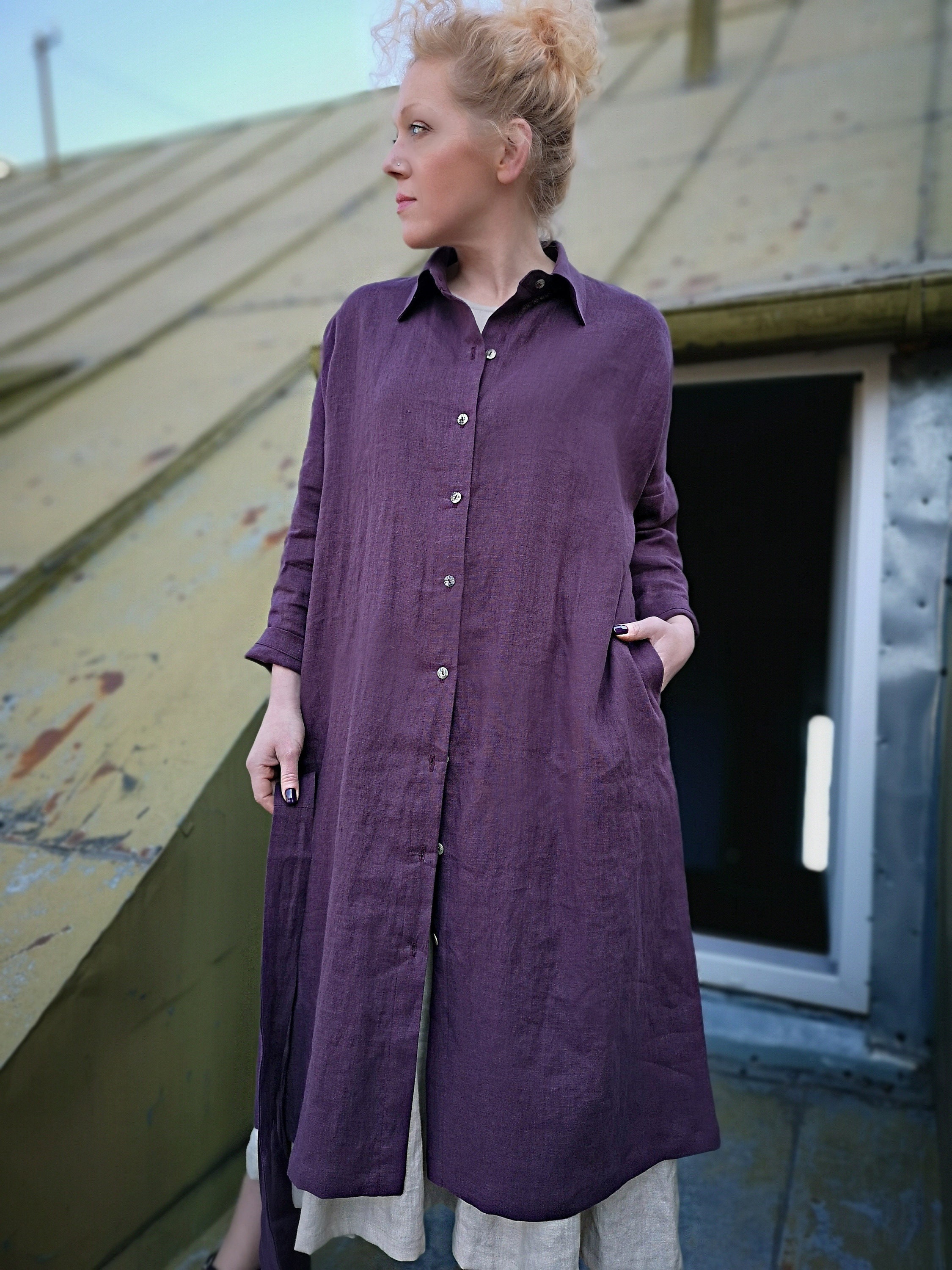 purple button up dress Purple Cotton Poplin Fit and Flare Short Button-Down Shirt Dress 56" / Tall (5'7" and above)