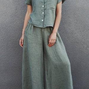 Retro Wide leg linen pants, Rustic Pink Pleated pants, Linen trousers Woman High waisted 80s pants, Comfortable Womens culottes with pockets image 8