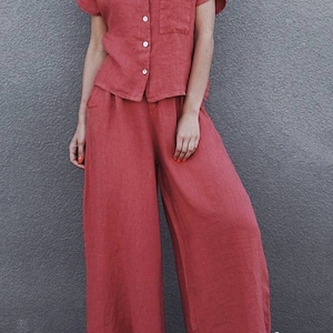 Retro Wide leg linen pants, Rustic Pink Pleated pants, Linen trousers Woman High waisted 80s pants, Comfortable Womens culottes with pockets image 3