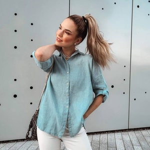 Plus size clothing Button up shirt, Long sleeve button down linen shirt, Summer blouse for women image 6