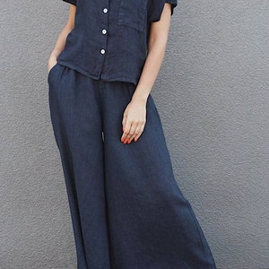 Retro Wide leg linen pants, Rustic Pink Pleated pants, Linen trousers Woman High waisted 80s pants, Comfortable Womens culottes with pockets navy blue