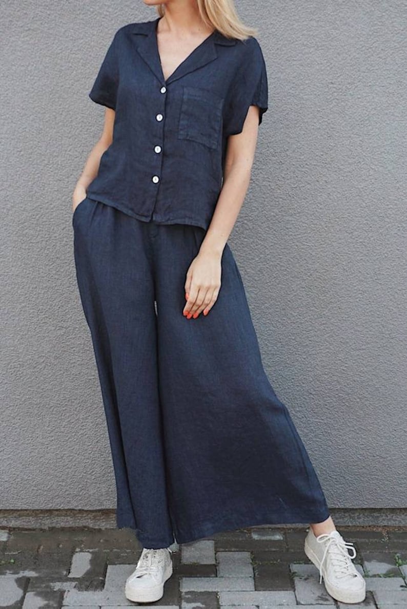 Retro Wide leg linen pants, Rustic Pink Pleated pants, Linen trousers Woman High waisted 80s pants, Comfortable Womens culottes with pockets navy blue