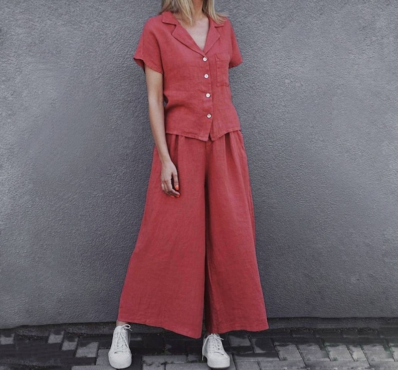 Retro Wide leg linen pants, Rustic Pink Pleated pants, Linen trousers Woman High waisted 80s pants, Comfortable Womens culottes with pockets raspberry pink