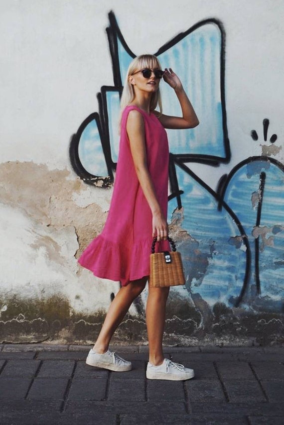 knee length dresses for ladies Bias-Cut Light Pink Linen Dress main image 1