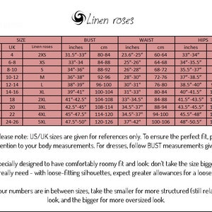 May include: Size chart for linen clothing with UK and US sizes, bust, waist, and hip measurements in inches and centimetres. The chart includes sizes from 2XS to 5XL.