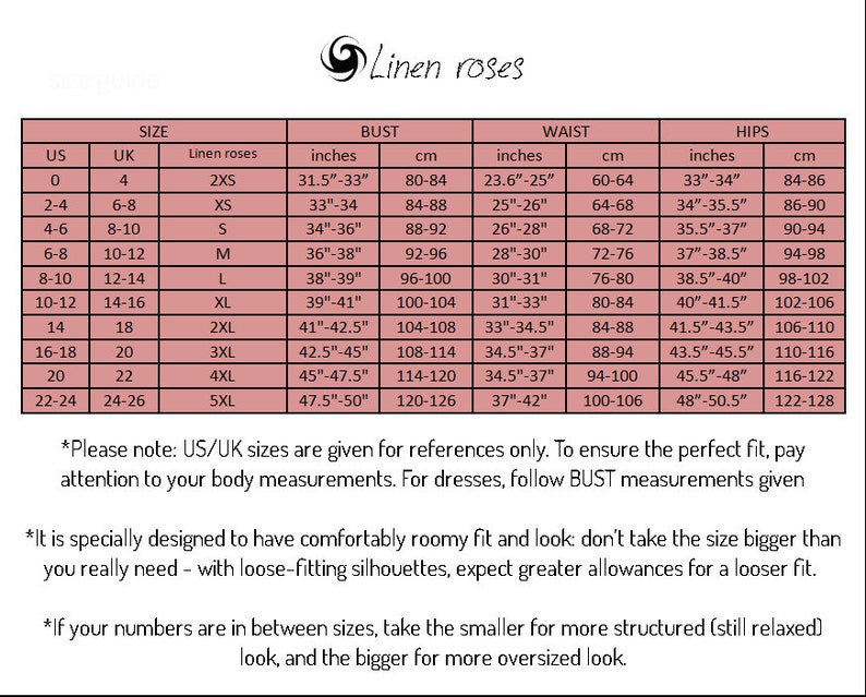 May include: Size chart for linen clothing with UK and US sizes, bust, waist, and hip measurements in inches and centimetres. The chart includes sizes from 2XS to 5XL.