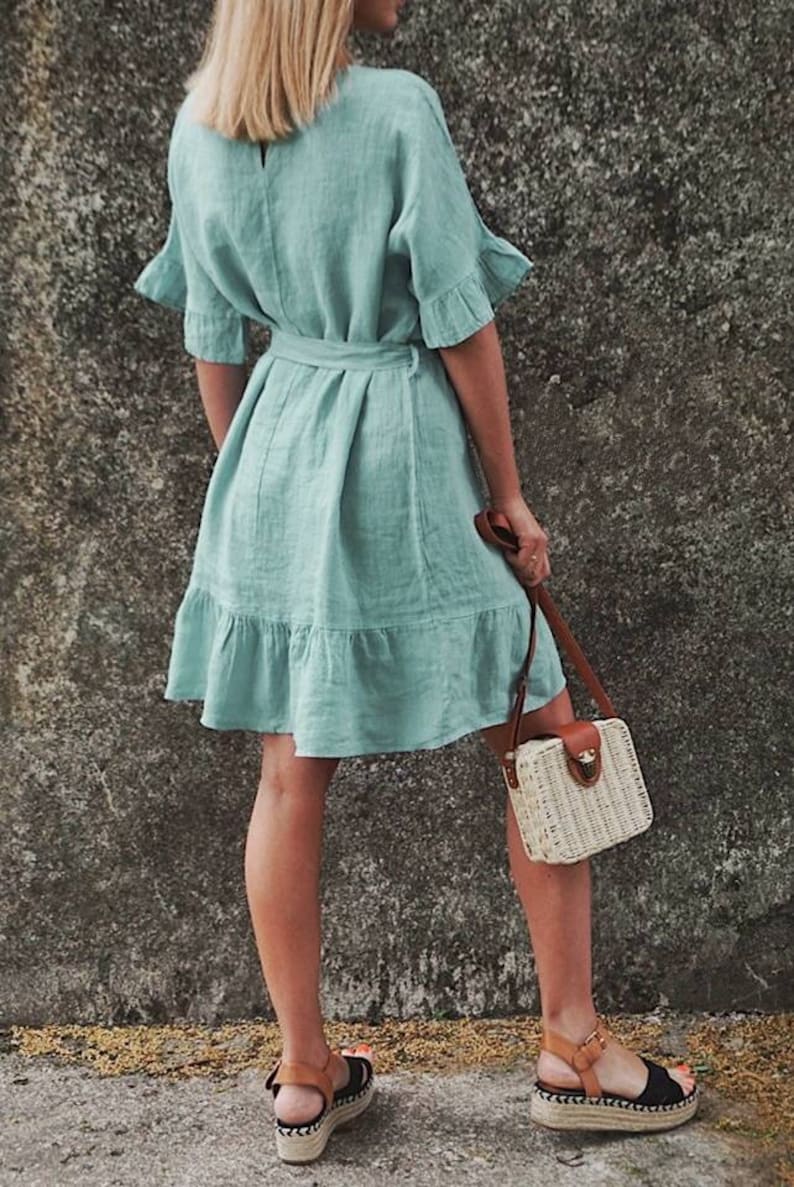 Mint green dress Kimono linen dress with ruffles Romantic Etsy