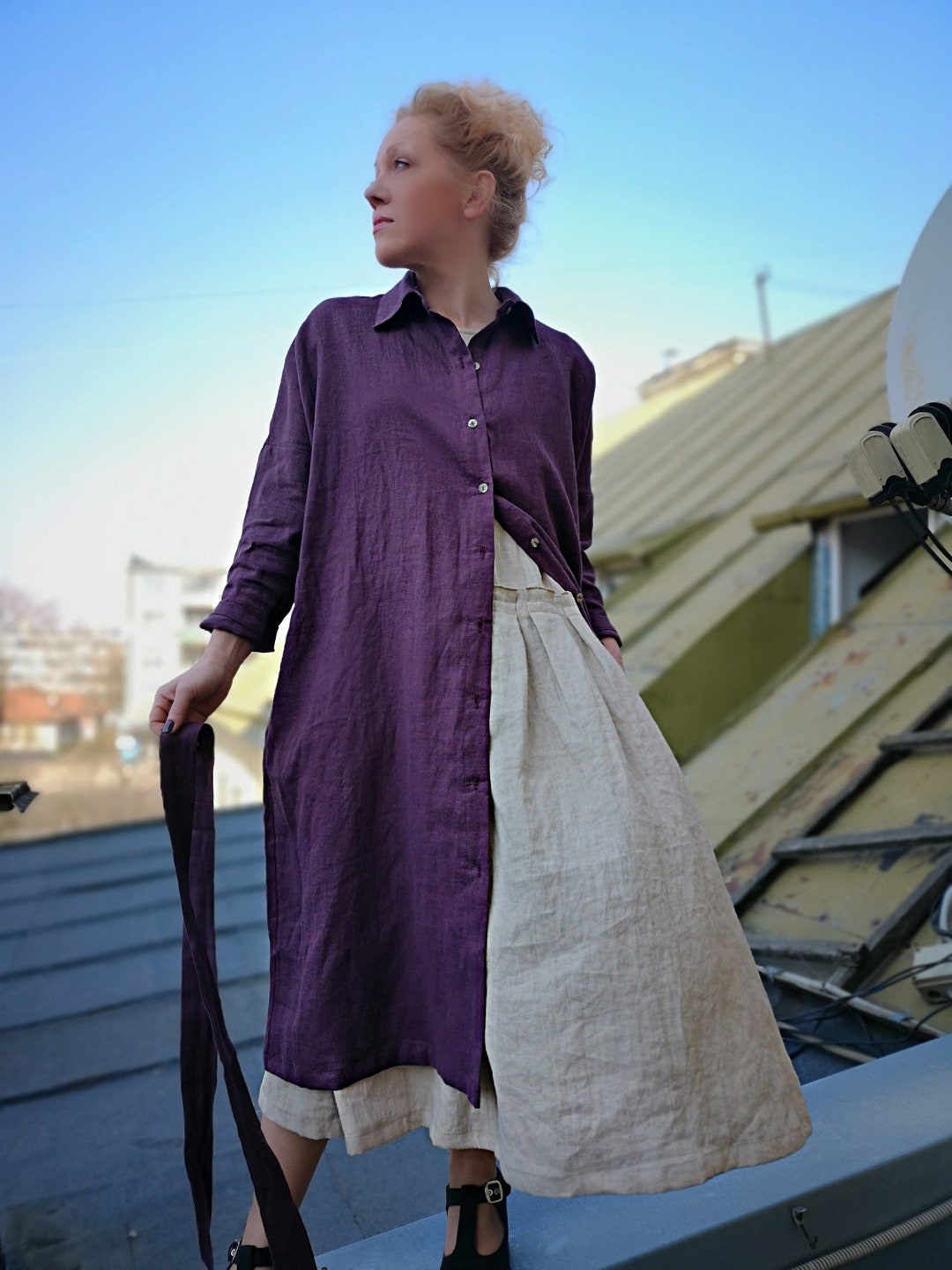 Linen Shirt Dress, Mini Purple 70s Dress or Oversized Button up