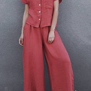 Pink Womens linen suit, Palazzo linen pants & Button up Shirt women set, Plus size linen wide leg pants with pockets, Summer clothes image 3